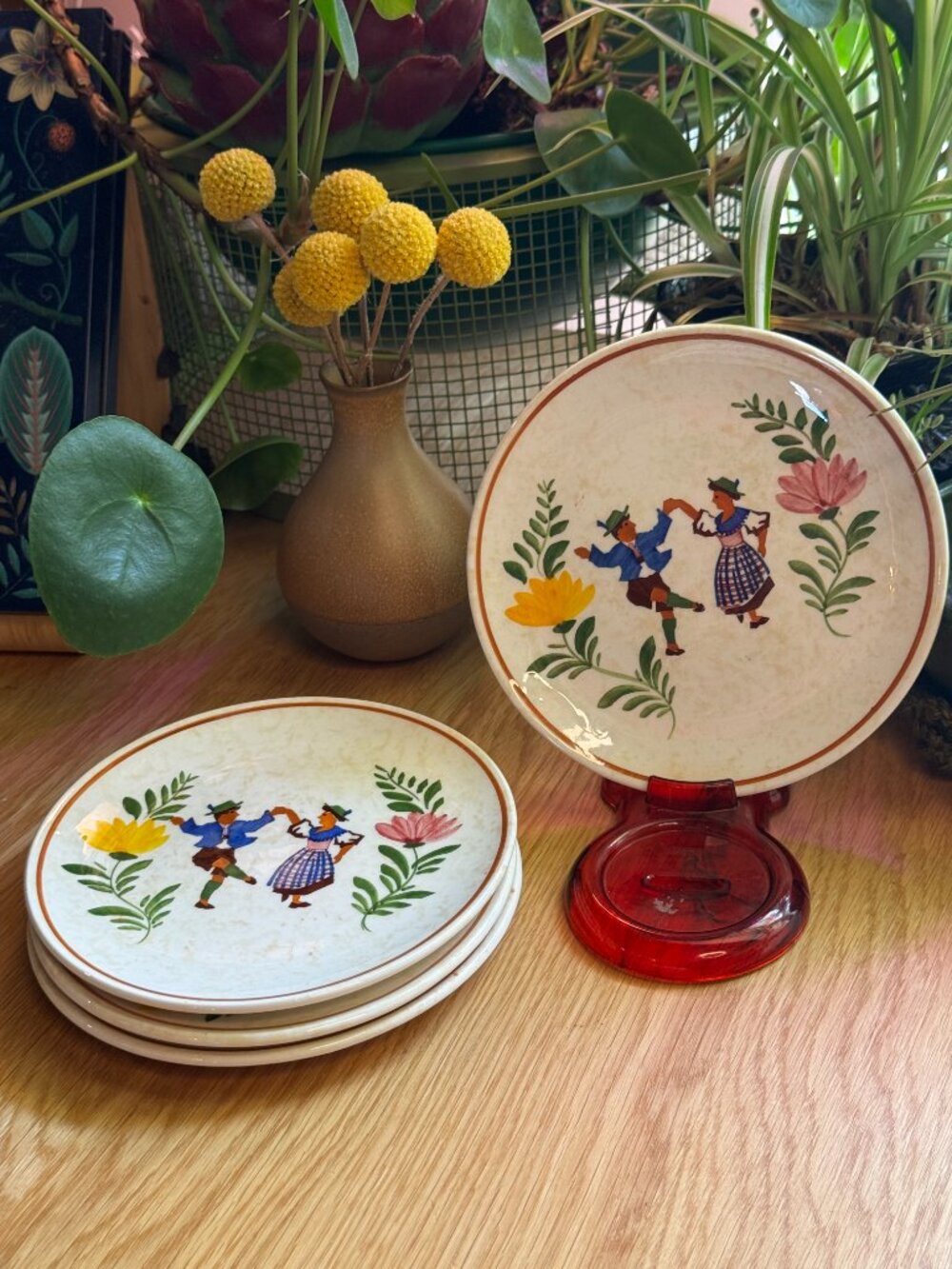 Alpine Peasant Ware Service for 4 6" Bread Plate Set Vintage Germany Circa 1930s
